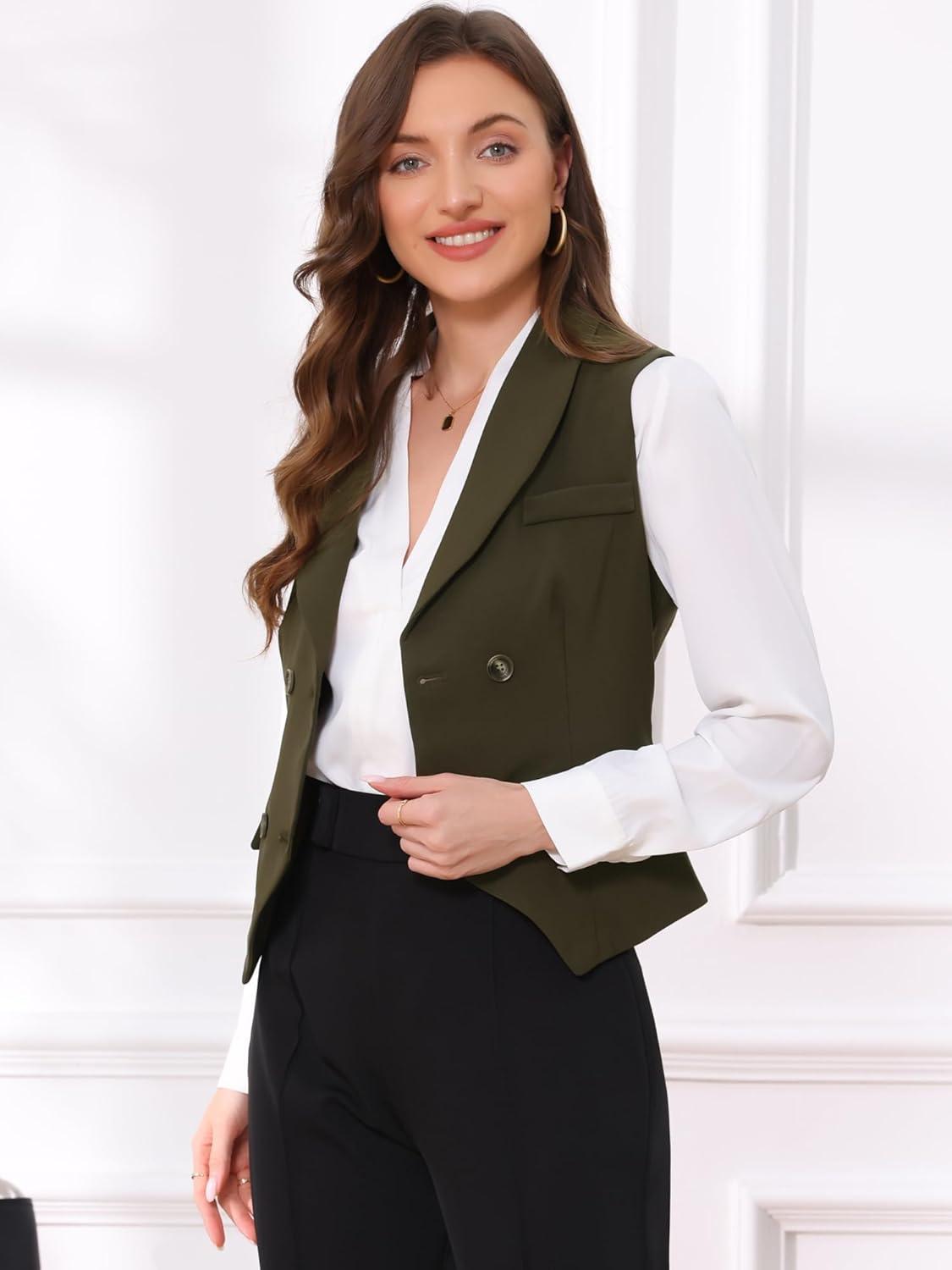 imageAllegra K Womens Suit Vest Double Breasted Business Lapel Dressy Waistcoat VestArmy Green