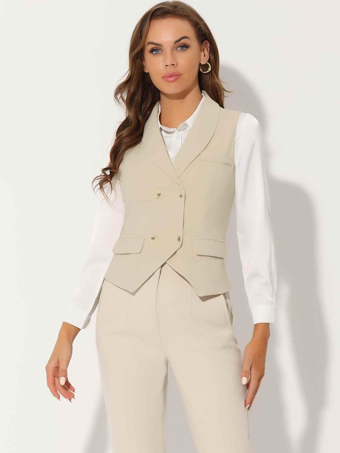 imageAllegra K Womens Suit Vest Double Breasted Business Lapel Dressy Waistcoat VestBeige