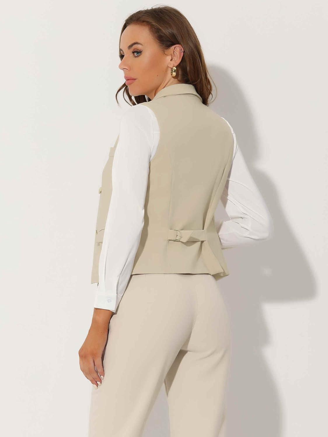 imageAllegra K Womens Suit Vest Double Breasted Business Lapel Dressy Waistcoat VestBeige