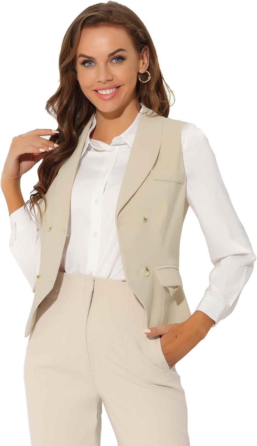 imageAllegra K Womens Suit Vest Double Breasted Business Lapel Dressy Waistcoat VestBeige