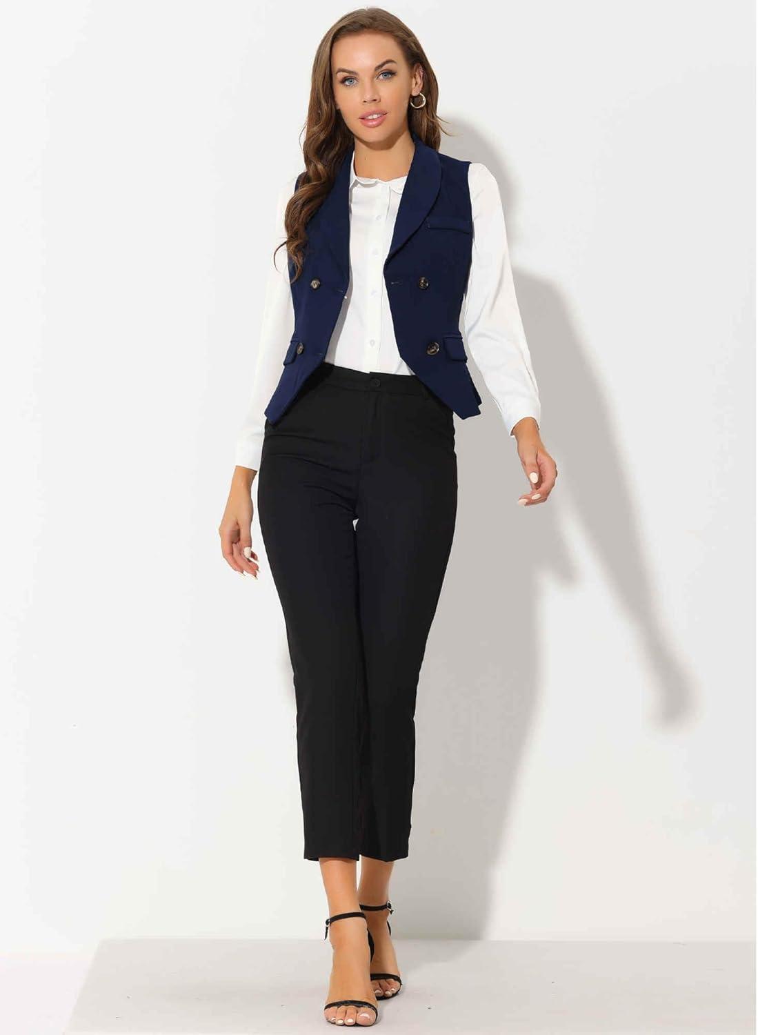 imageAllegra K Womens Suit Vest Double Breasted Business Lapel Dressy Waistcoat VestDark Blue