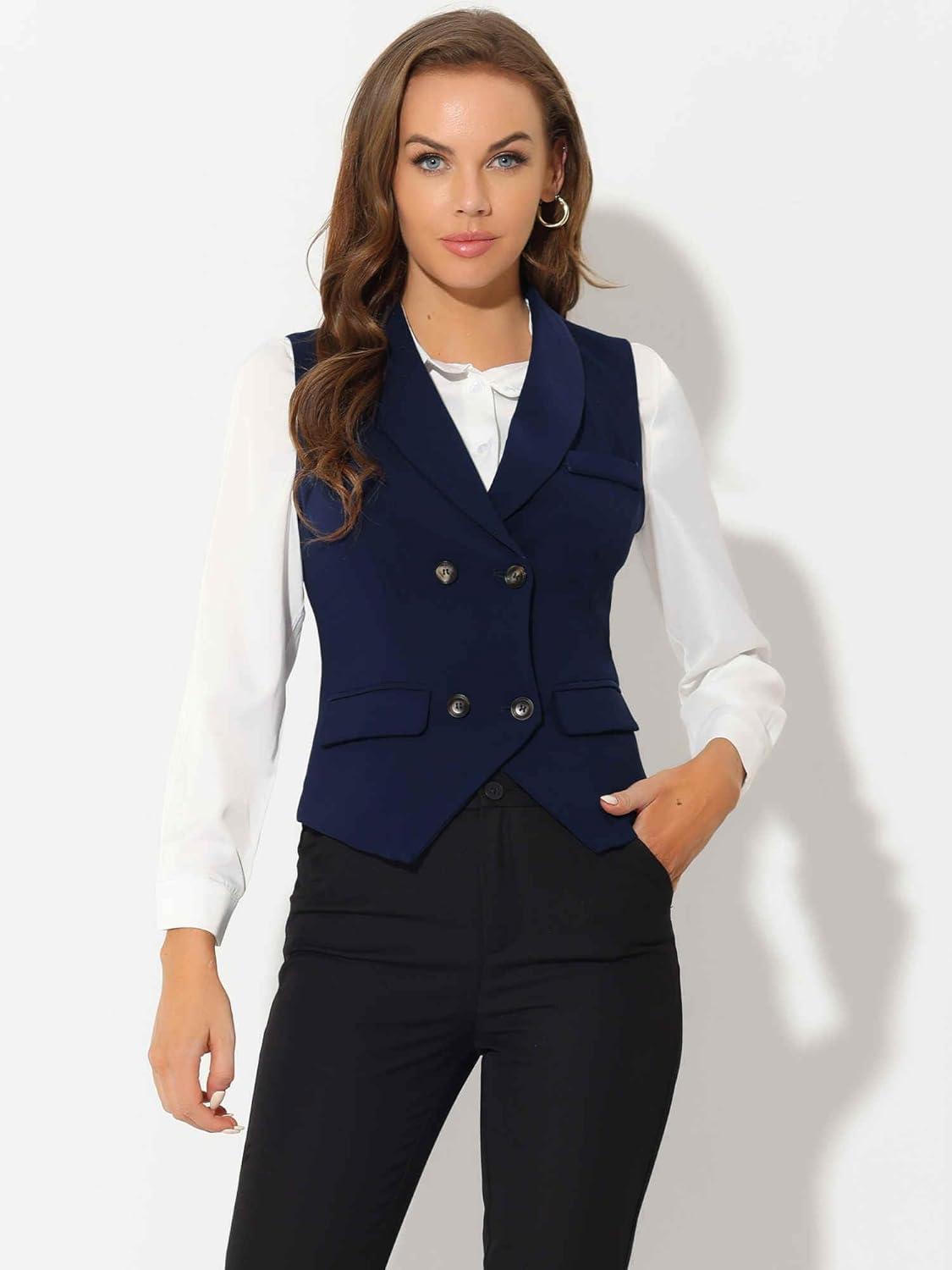 imageAllegra K Womens Suit Vest Double Breasted Business Lapel Dressy Waistcoat VestDark Blue