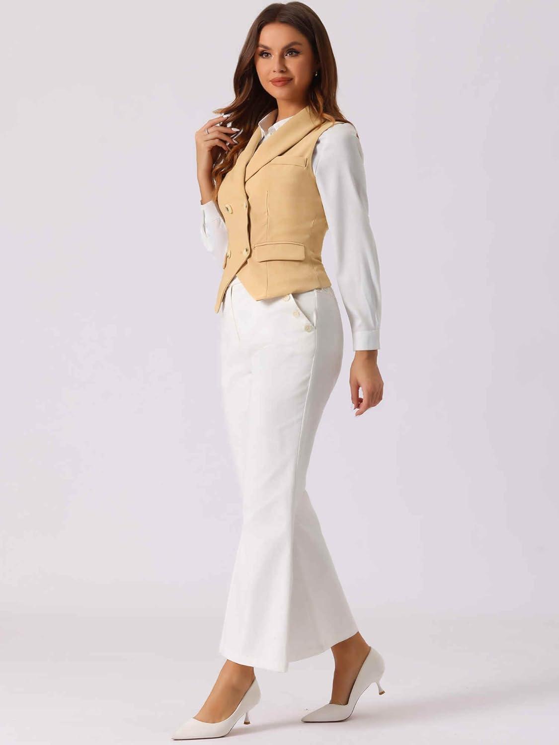 imageAllegra K Womens Suit Vest Double Breasted Business Lapel Dressy Waistcoat VestKhaki