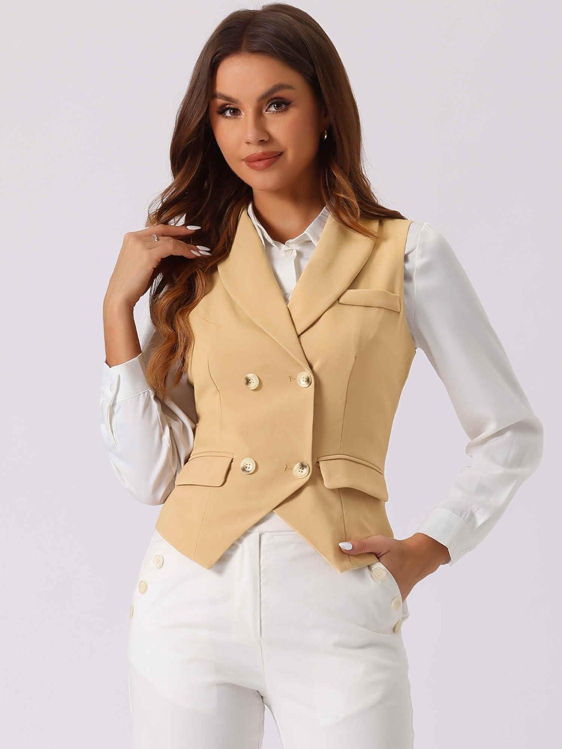 imageAllegra K Womens Suit Vest Double Breasted Business Lapel Dressy Waistcoat VestKhaki