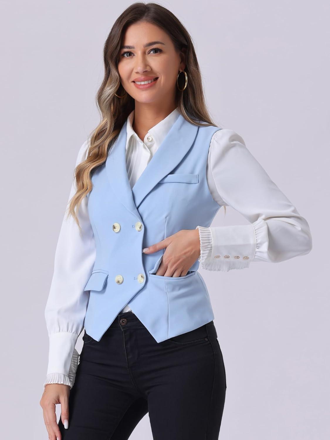imageAllegra K Womens Suit Vest Double Breasted Business Lapel Dressy Waistcoat VestLight Blue