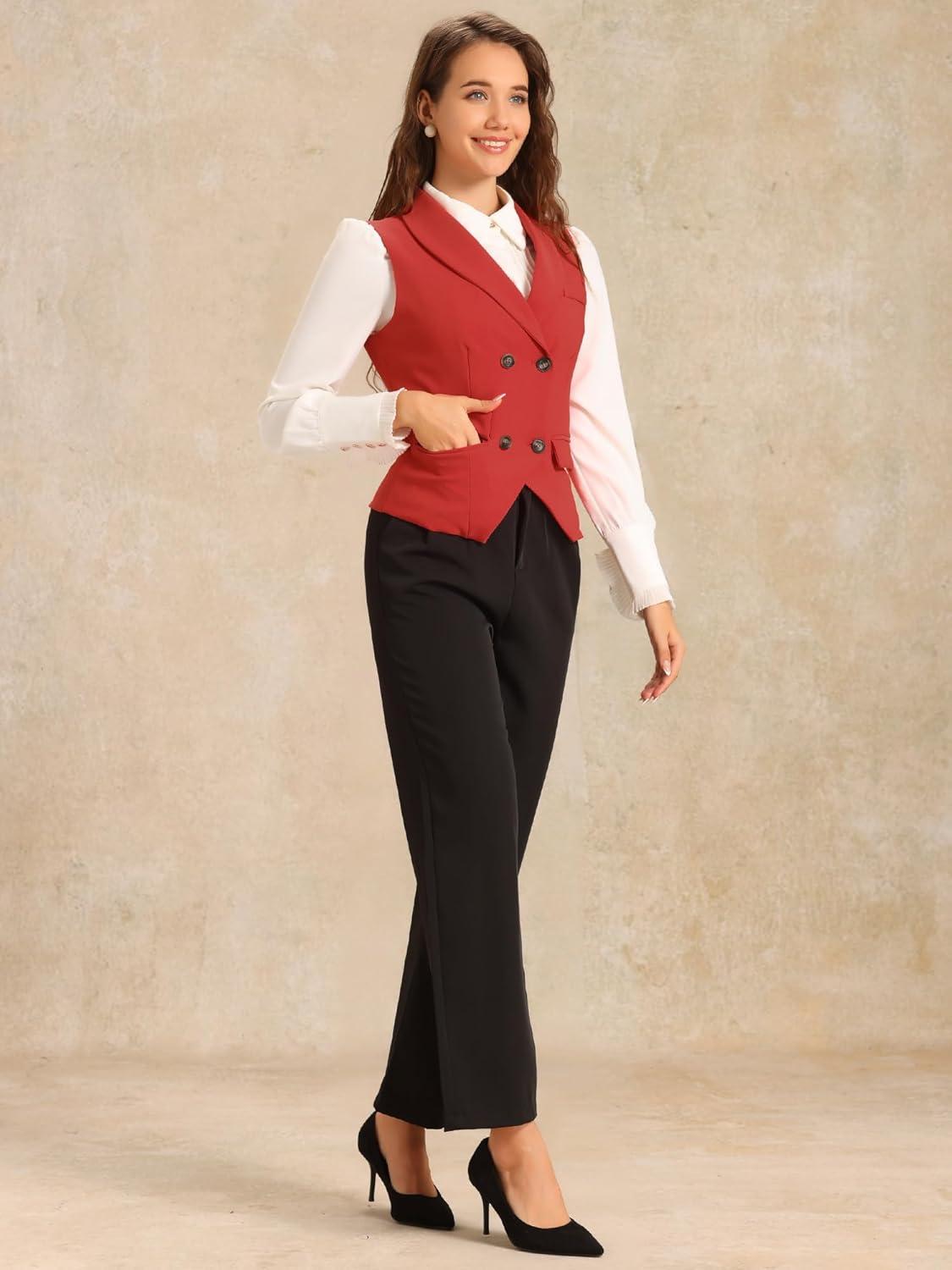 imageAllegra K Womens Suit Vest Double Breasted Business Lapel Dressy Waistcoat VestRed