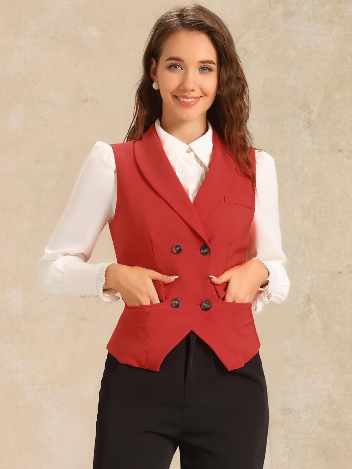 imageAllegra K Womens Suit Vest Double Breasted Business Lapel Dressy Waistcoat VestRed