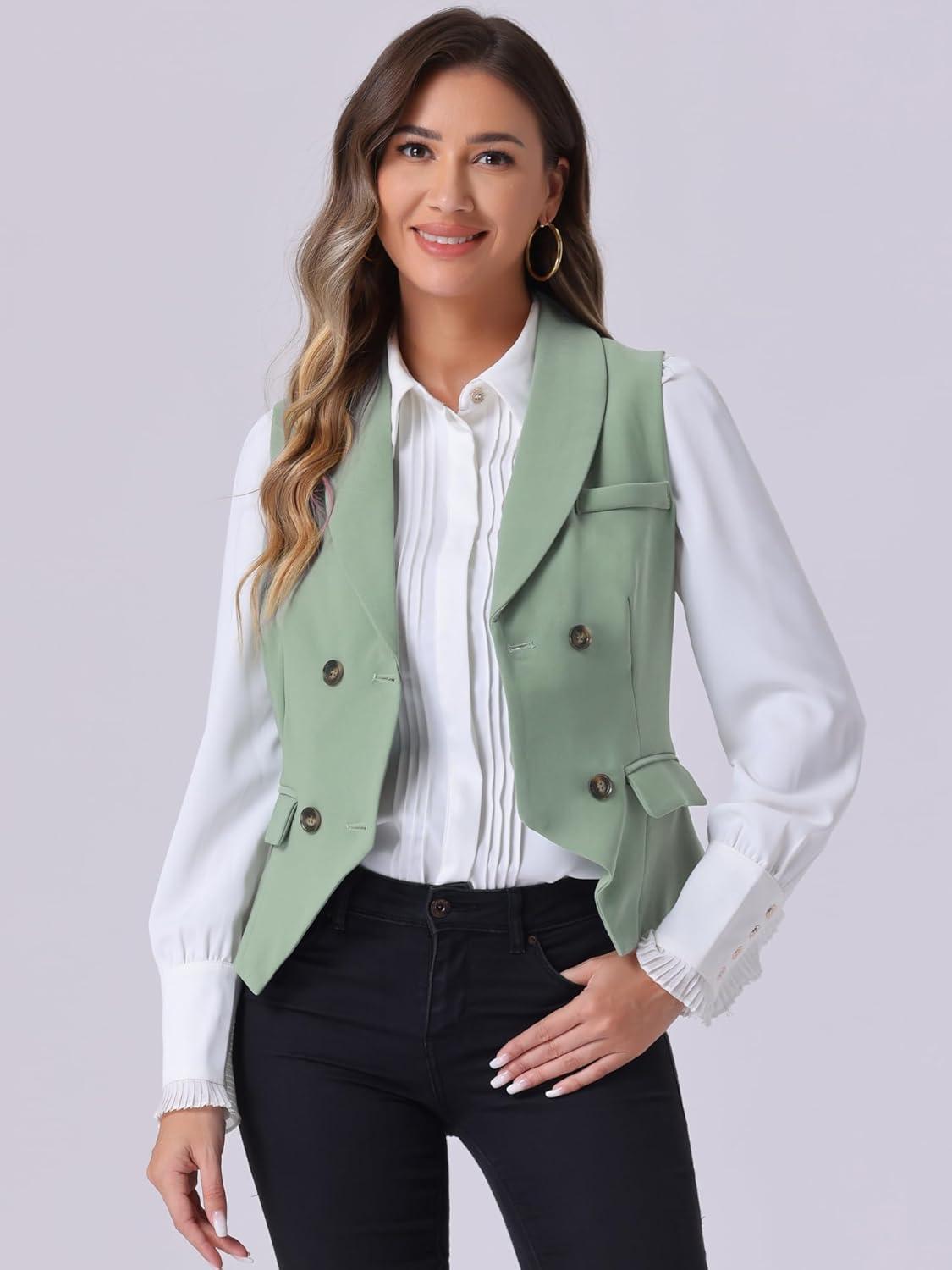 imageAllegra K Womens Suit Vest Double Breasted Business Lapel Dressy Waistcoat VestSea Green