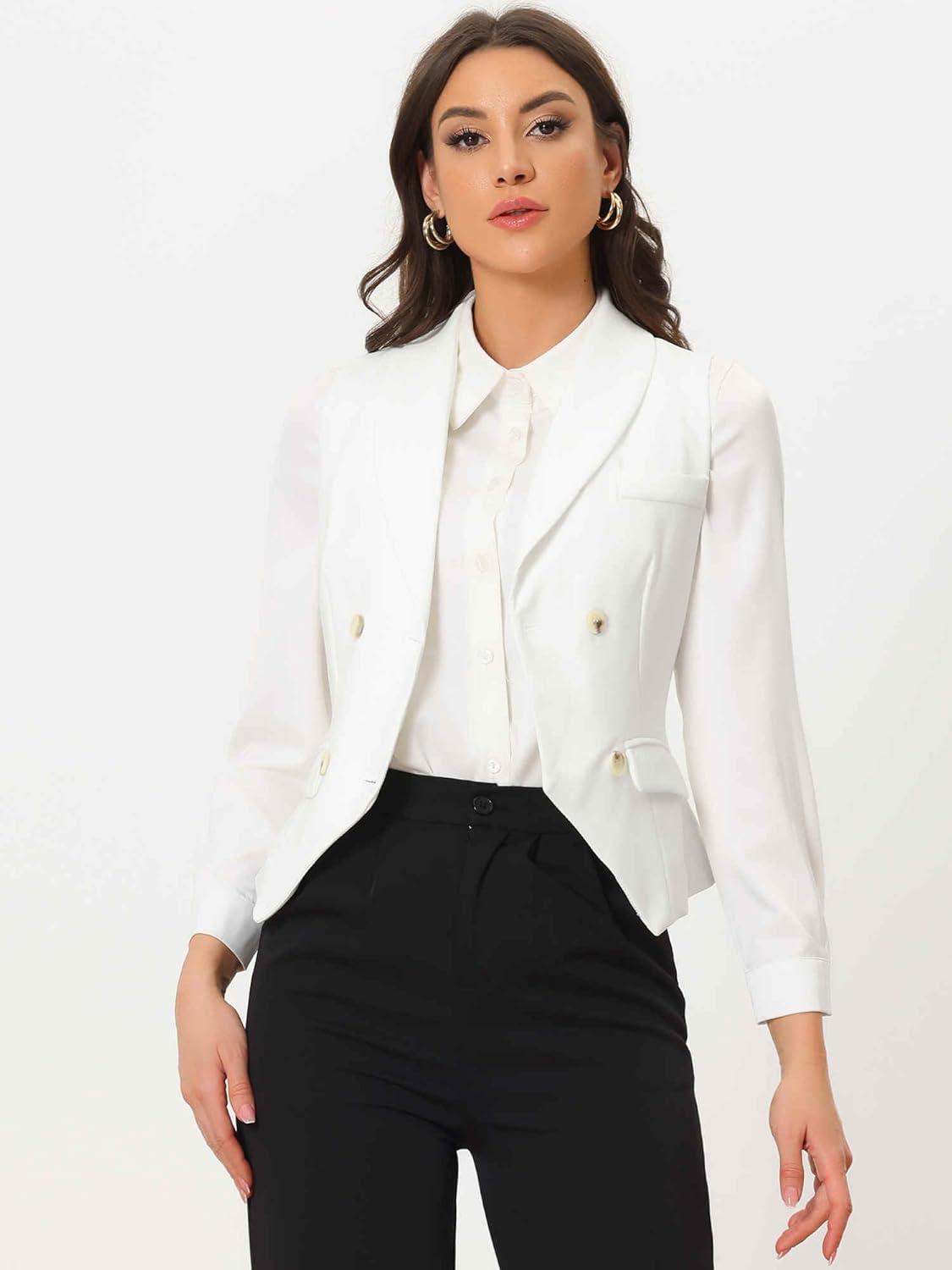 imageAllegra K Womens Suit Vest Double Breasted Business Lapel Dressy Waistcoat VestWhite