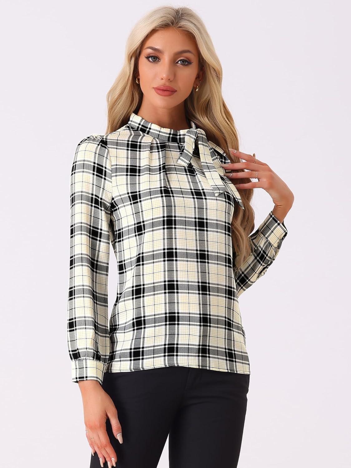 imageAllegra K Womens Tie Front Tops Long Sleeve Dressy Elegant Bow Neck ShirtBeige Black