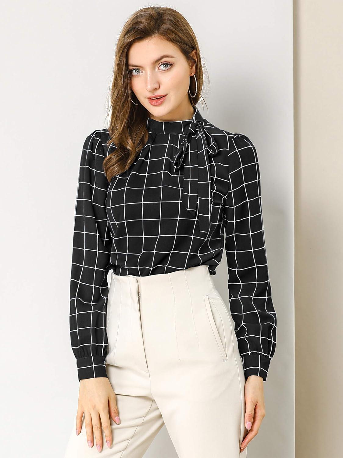 imageAllegra K Womens Tie Front Tops Long Sleeve Dressy Elegant Bow Neck ShirtBlack