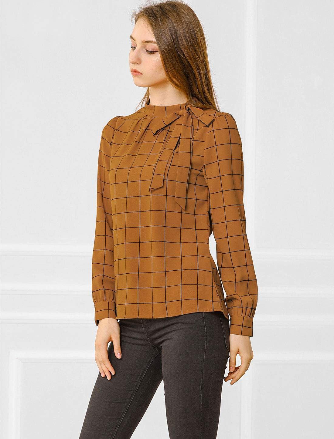 imageAllegra K Womens Tie Front Tops Long Sleeve Dressy Elegant Bow Neck ShirtBrown