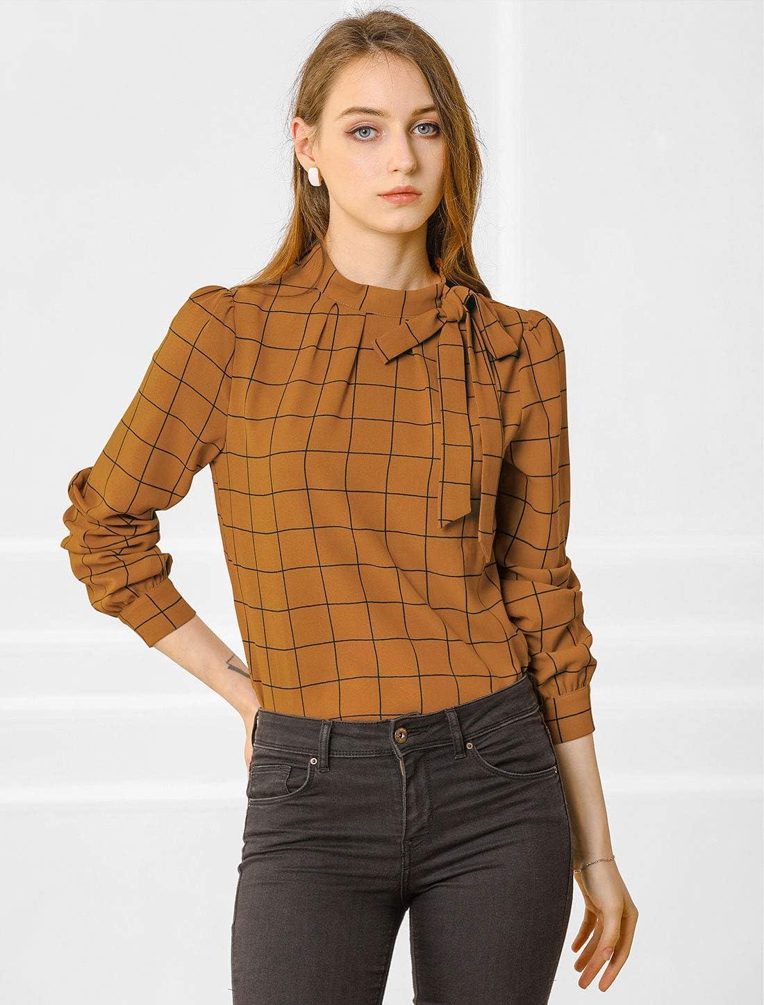 imageAllegra K Womens Tie Front Tops Long Sleeve Dressy Elegant Bow Neck ShirtBrown