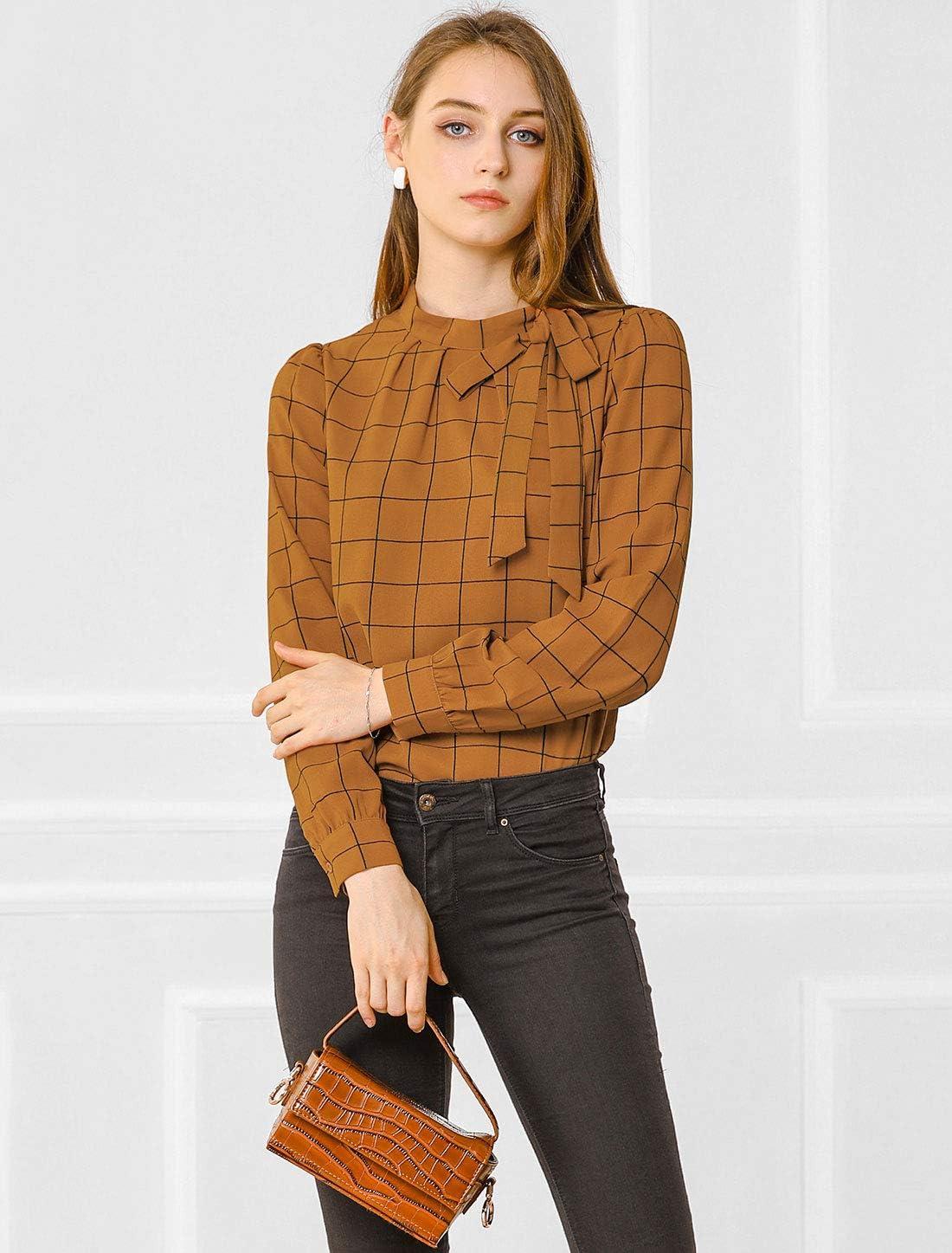 imageAllegra K Womens Tie Front Tops Long Sleeve Dressy Elegant Bow Neck ShirtBrown