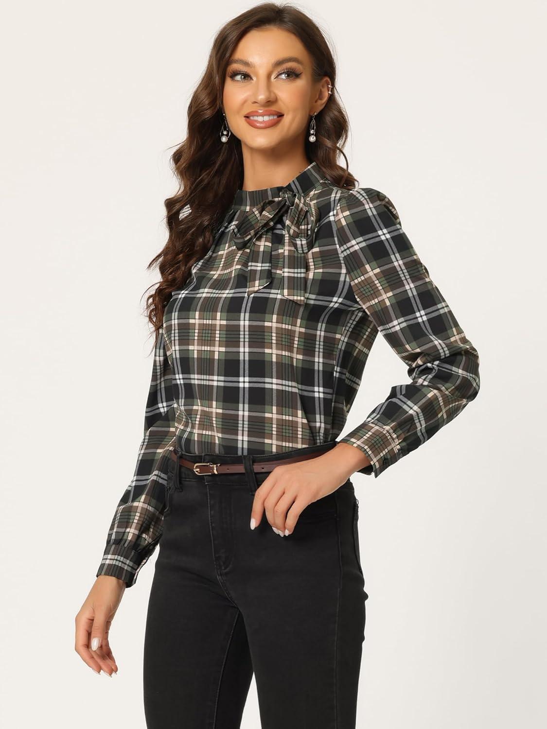 imageAllegra K Womens Tie Front Tops Long Sleeve Dressy Elegant Bow Neck ShirtBrown Black
