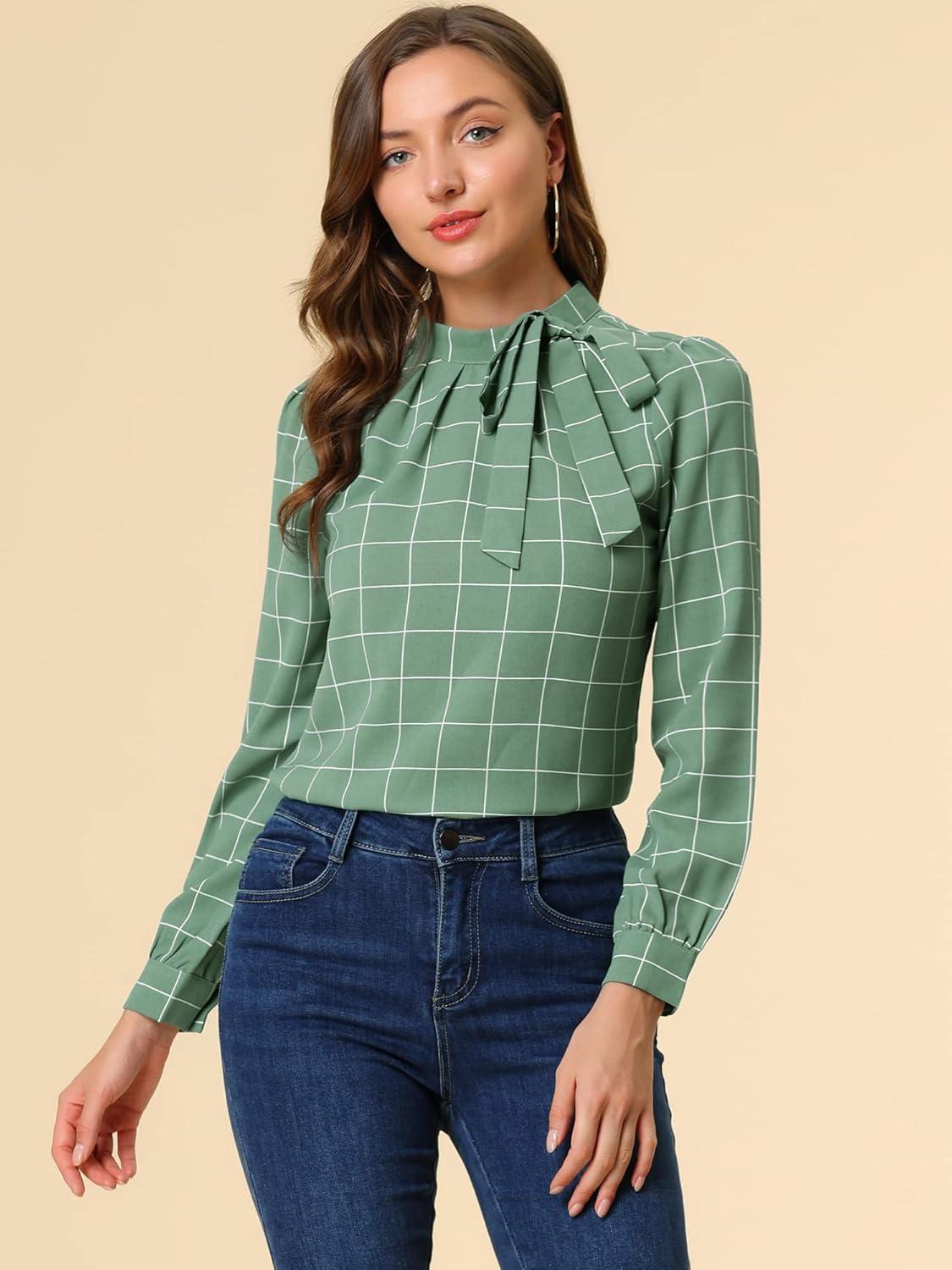 imageAllegra K Womens Tie Front Tops Long Sleeve Dressy Elegant Bow Neck ShirtGreen