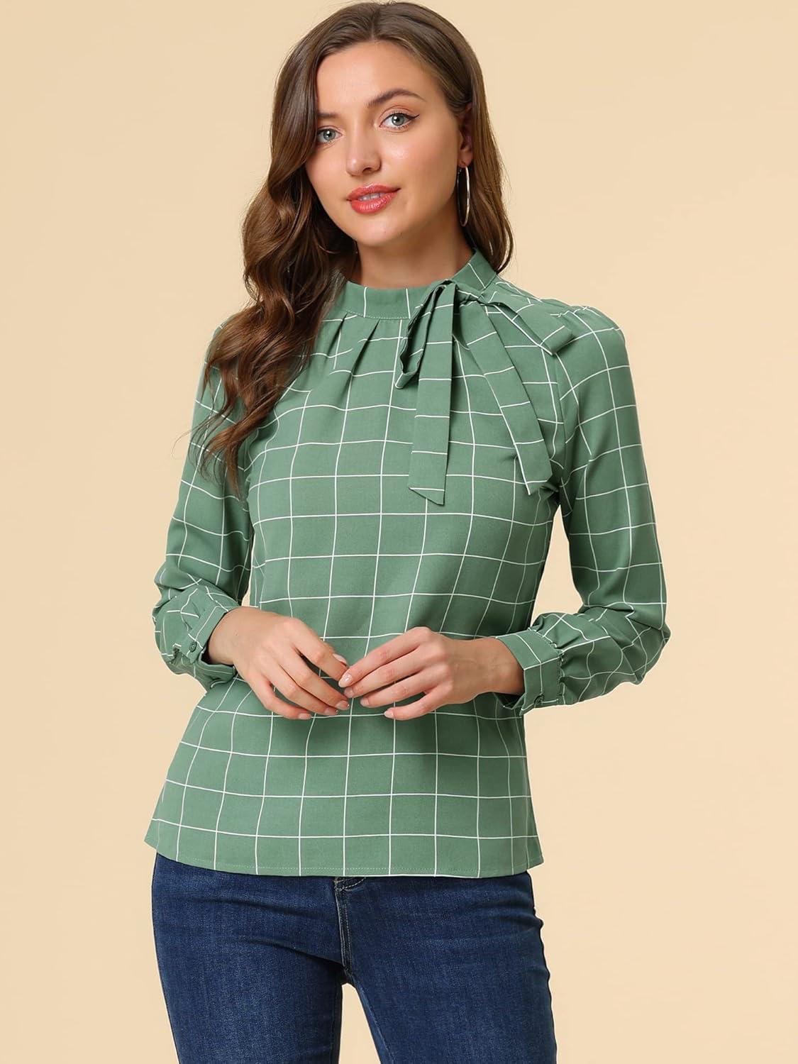 imageAllegra K Womens Tie Front Tops Long Sleeve Dressy Elegant Bow Neck ShirtGreen