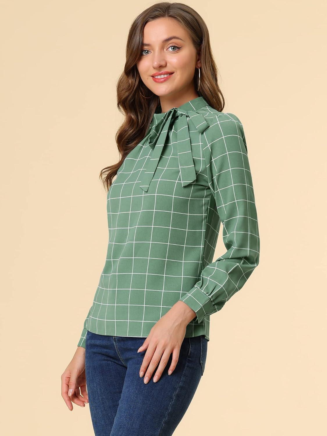 imageAllegra K Womens Tie Front Tops Long Sleeve Dressy Elegant Bow Neck ShirtGreen