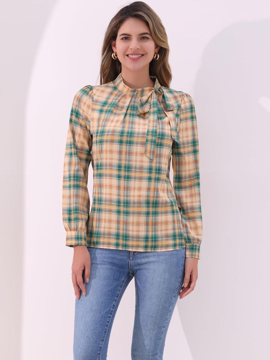 imageAllegra K Womens Tie Front Tops Long Sleeve Dressy Elegant Bow Neck ShirtKhaki Green
