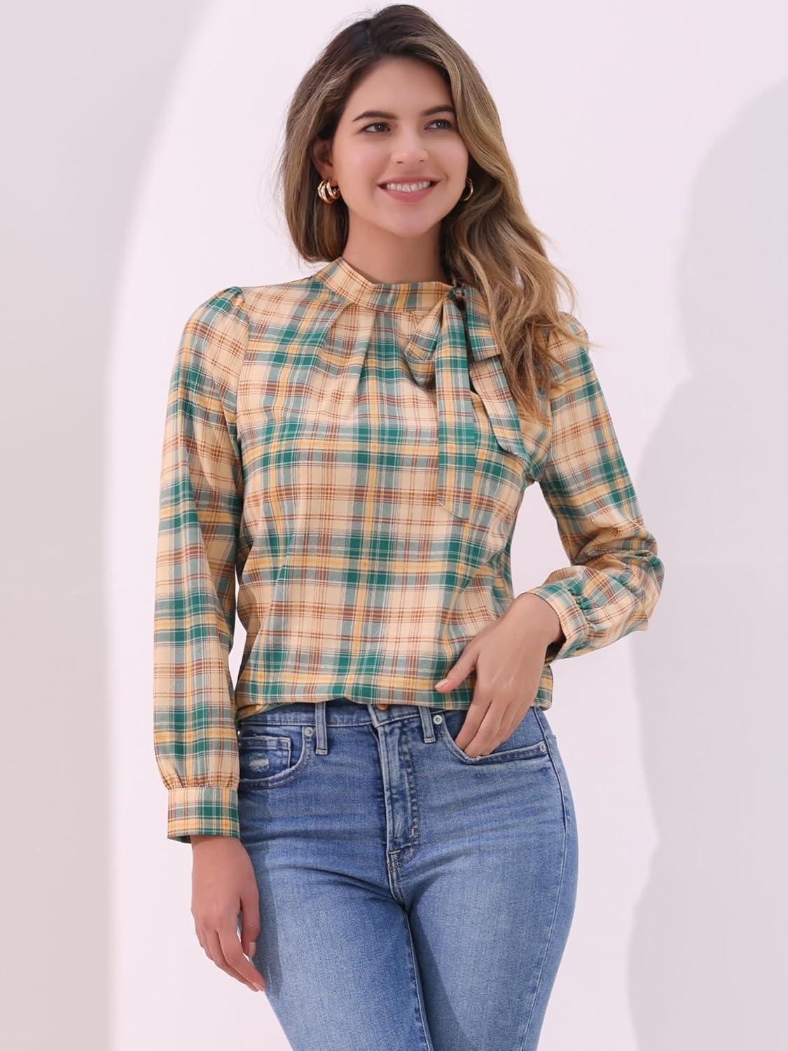 imageAllegra K Womens Tie Front Tops Long Sleeve Dressy Elegant Bow Neck ShirtKhaki Green