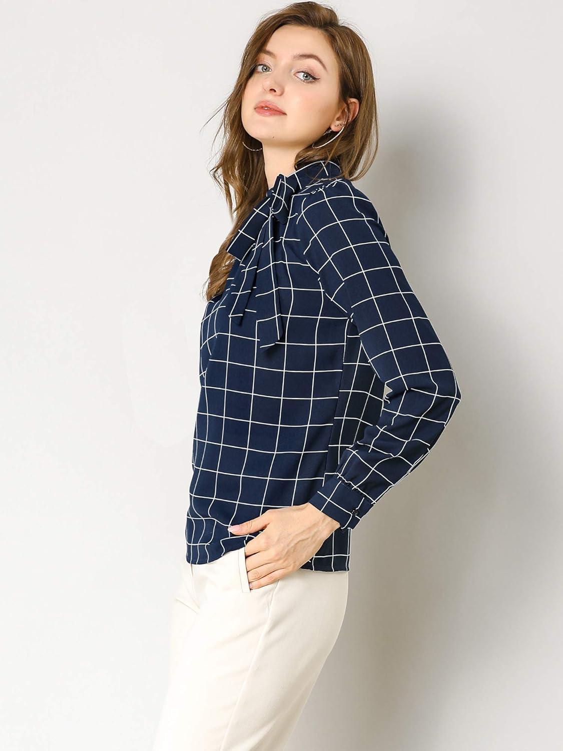 imageAllegra K Womens Tie Front Tops Long Sleeve Dressy Elegant Bow Neck ShirtNavy Blue