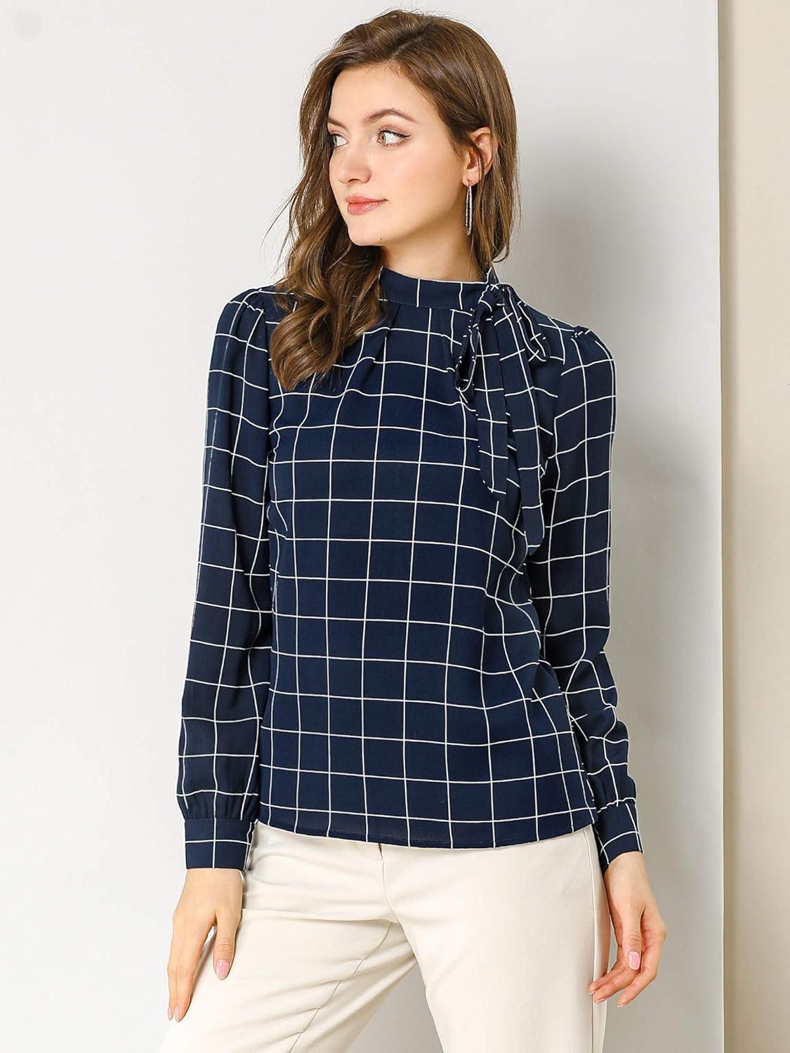 imageAllegra K Womens Tie Front Tops Long Sleeve Dressy Elegant Bow Neck ShirtNavy Blue