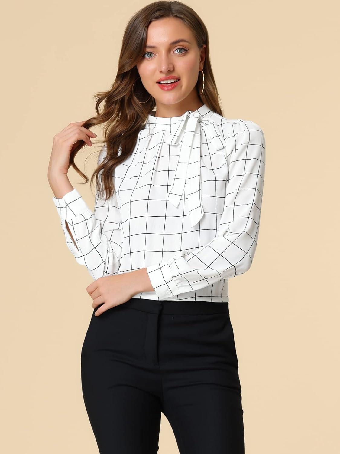 imageAllegra K Womens Tie Front Tops Long Sleeve Dressy Elegant Bow Neck ShirtWhite