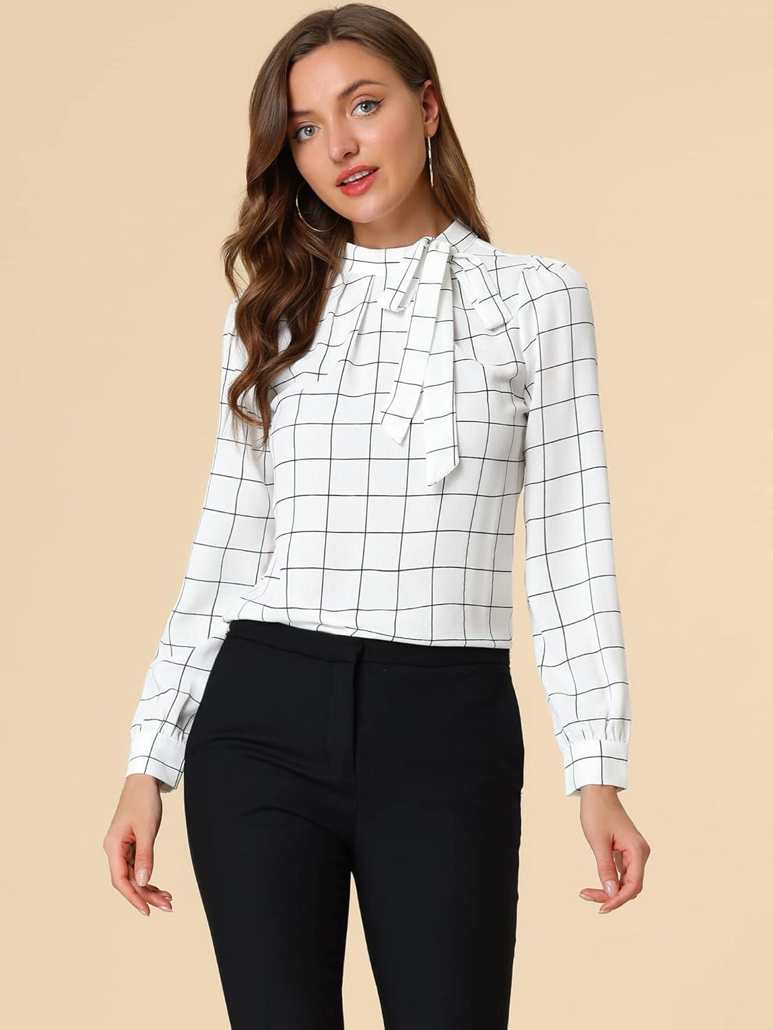 imageAllegra K Womens Tie Front Tops Long Sleeve Dressy Elegant Bow Neck ShirtWhite