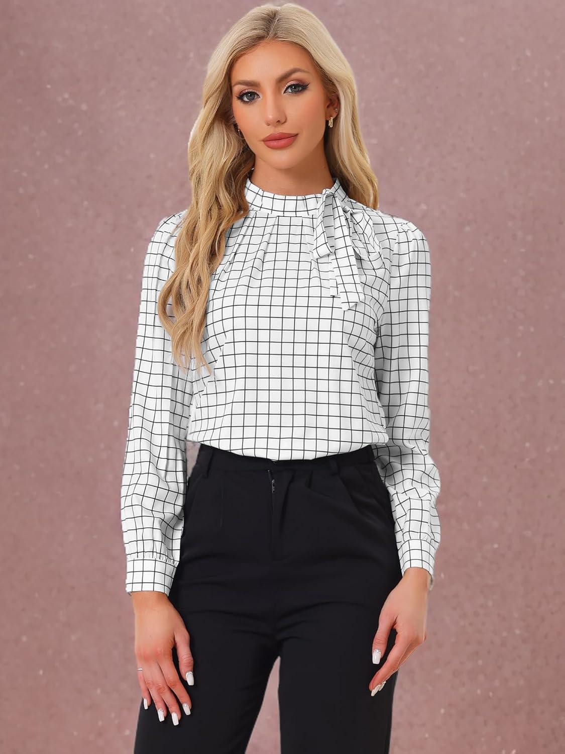 imageAllegra K Womens Tie Front Tops Long Sleeve Dressy Elegant Bow Neck ShirtWhite Black