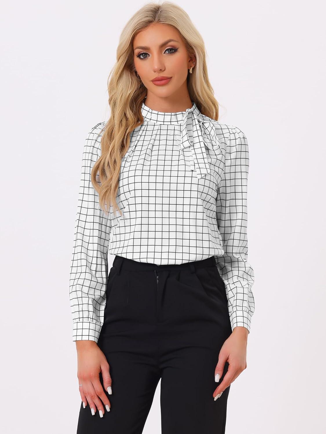 imageAllegra K Womens Tie Front Tops Long Sleeve Dressy Elegant Bow Neck ShirtWhite Black
