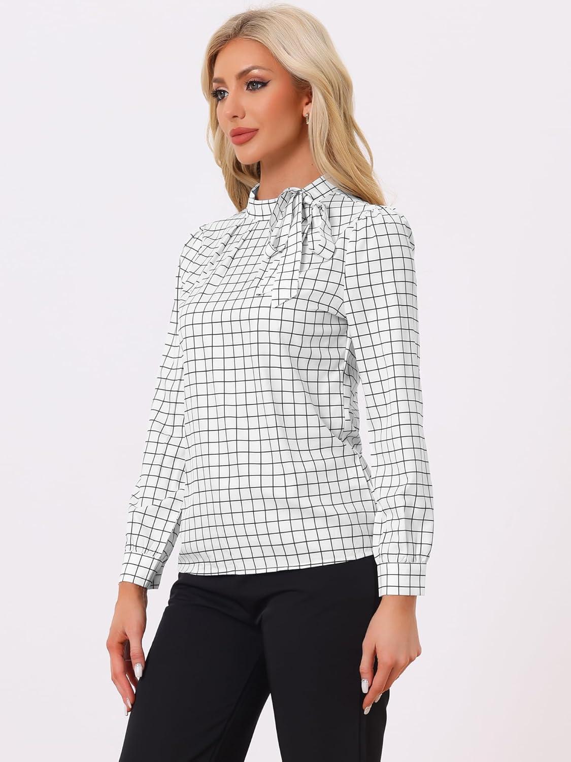 imageAllegra K Womens Tie Front Tops Long Sleeve Dressy Elegant Bow Neck ShirtWhite Black