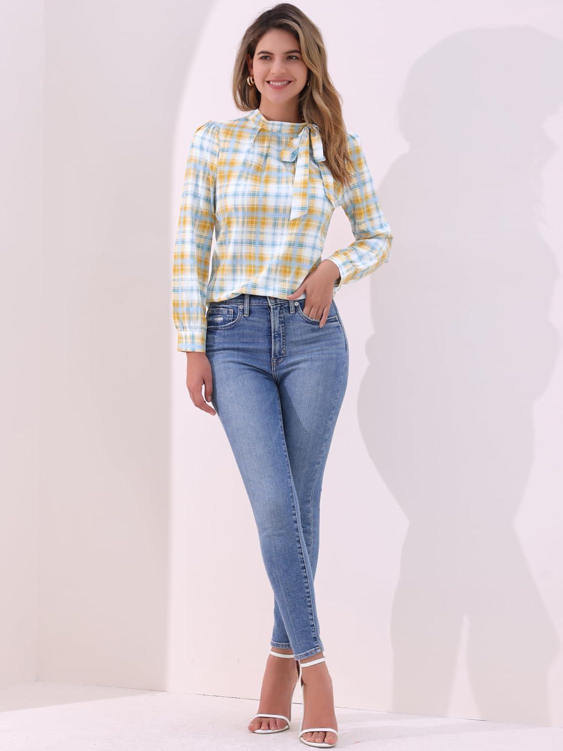 imageAllegra K Womens Tie Front Tops Long Sleeve Dressy Elegant Bow Neck ShirtWhite Yellow Green