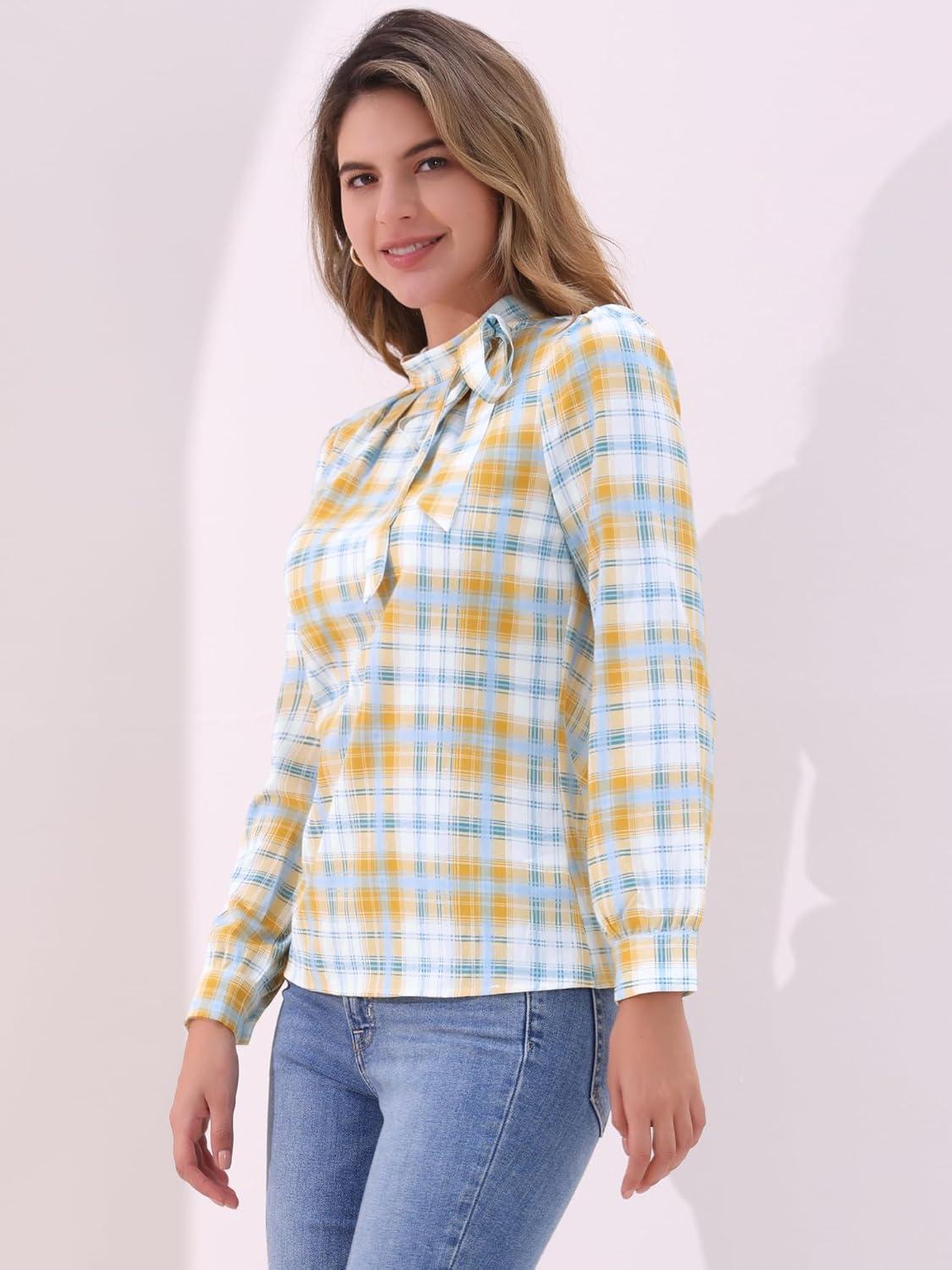 imageAllegra K Womens Tie Front Tops Long Sleeve Dressy Elegant Bow Neck ShirtWhite Yellow Green