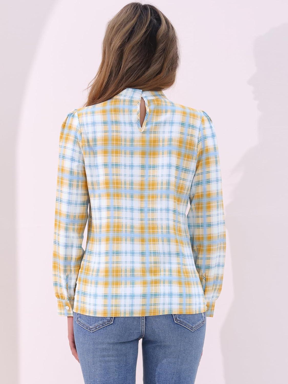 imageAllegra K Womens Tie Front Tops Long Sleeve Dressy Elegant Bow Neck ShirtWhite Yellow Green
