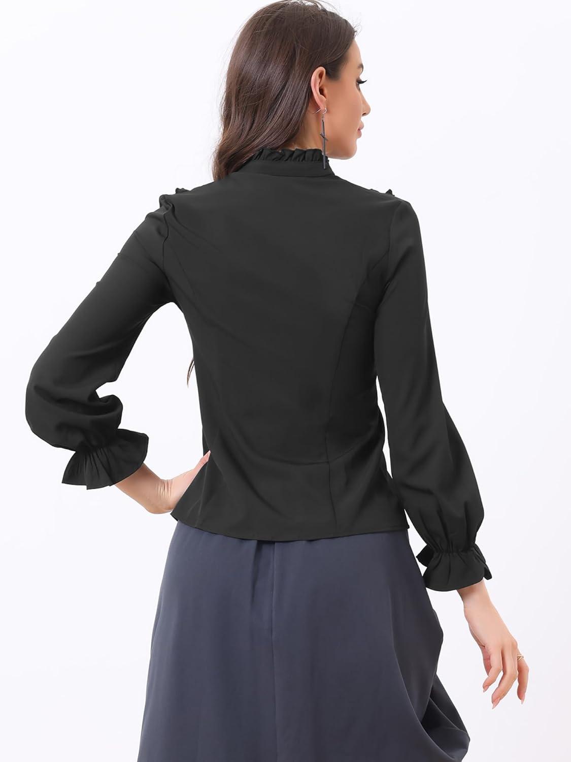 imageAllegra K Womens Victorian Blouse Vintage Ruffled Long Sleeve Button Up Gothic Shirt TopBlack