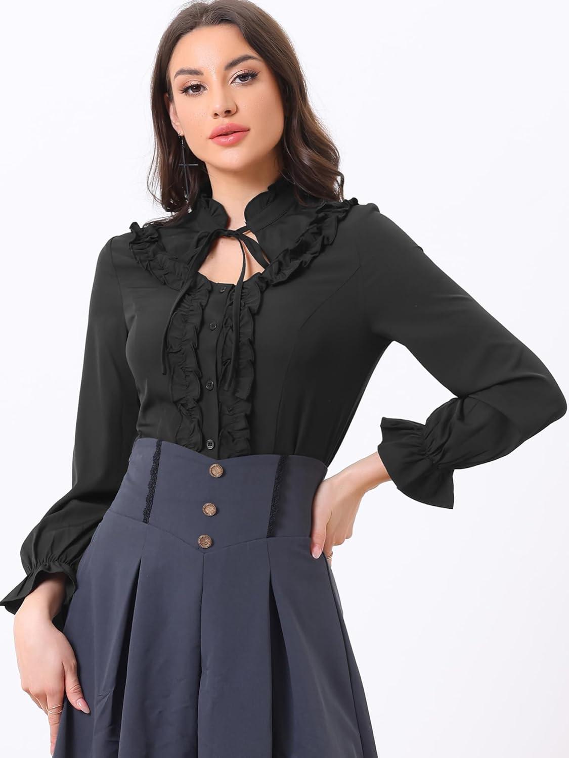 imageAllegra K Womens Victorian Blouse Vintage Ruffled Long Sleeve Button Up Gothic Shirt TopBlack