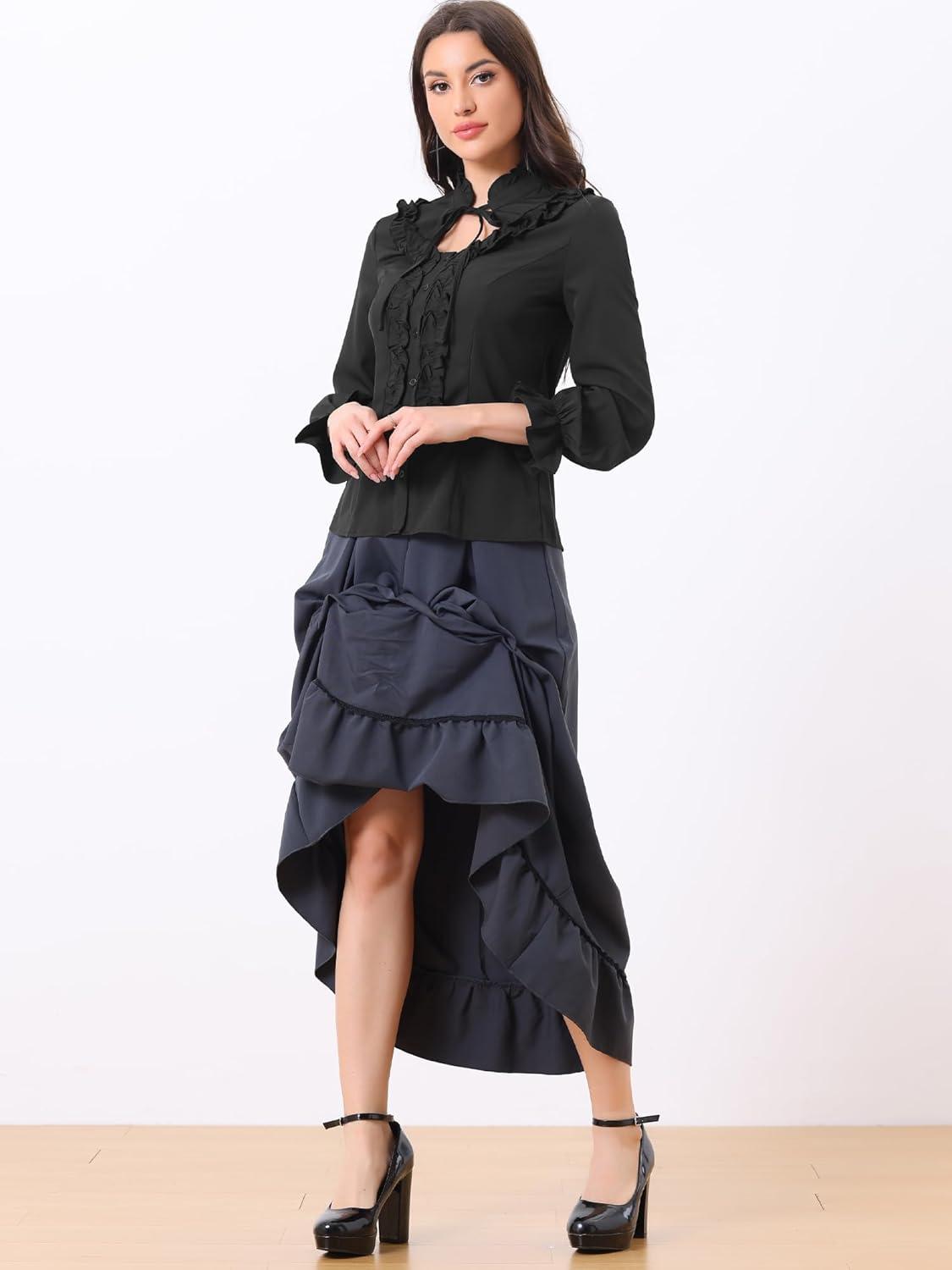 imageAllegra K Womens Victorian Blouse Vintage Ruffled Long Sleeve Button Up Gothic Shirt TopBlack