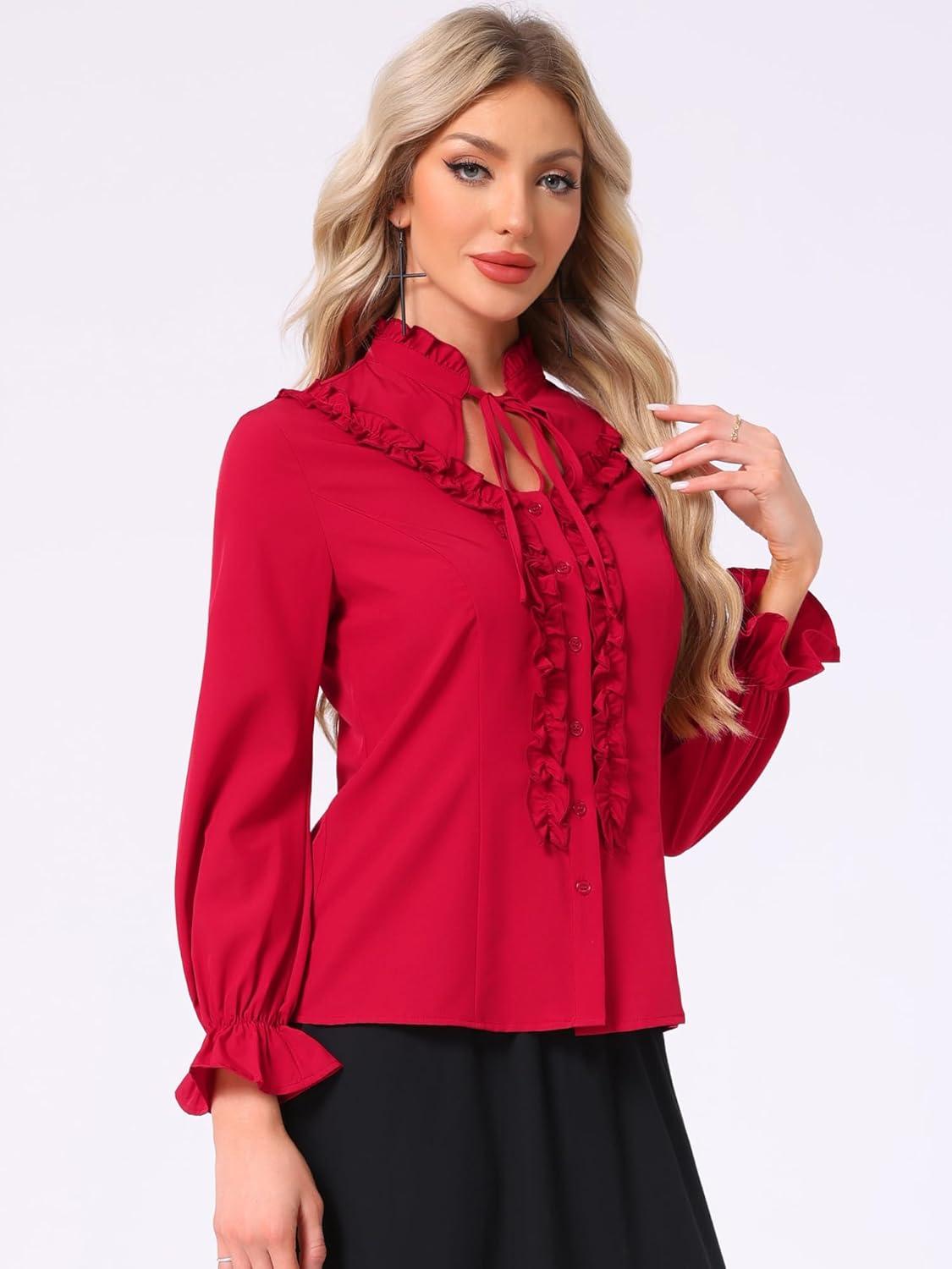 imageAllegra K Womens Victorian Blouse Vintage Ruffled Long Sleeve Button Up Gothic Shirt TopDark Red