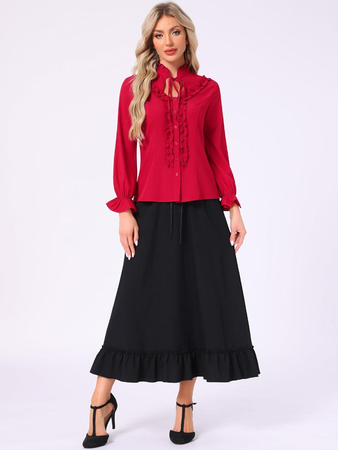imageAllegra K Womens Victorian Blouse Vintage Ruffled Long Sleeve Button Up Gothic Shirt TopDark Red