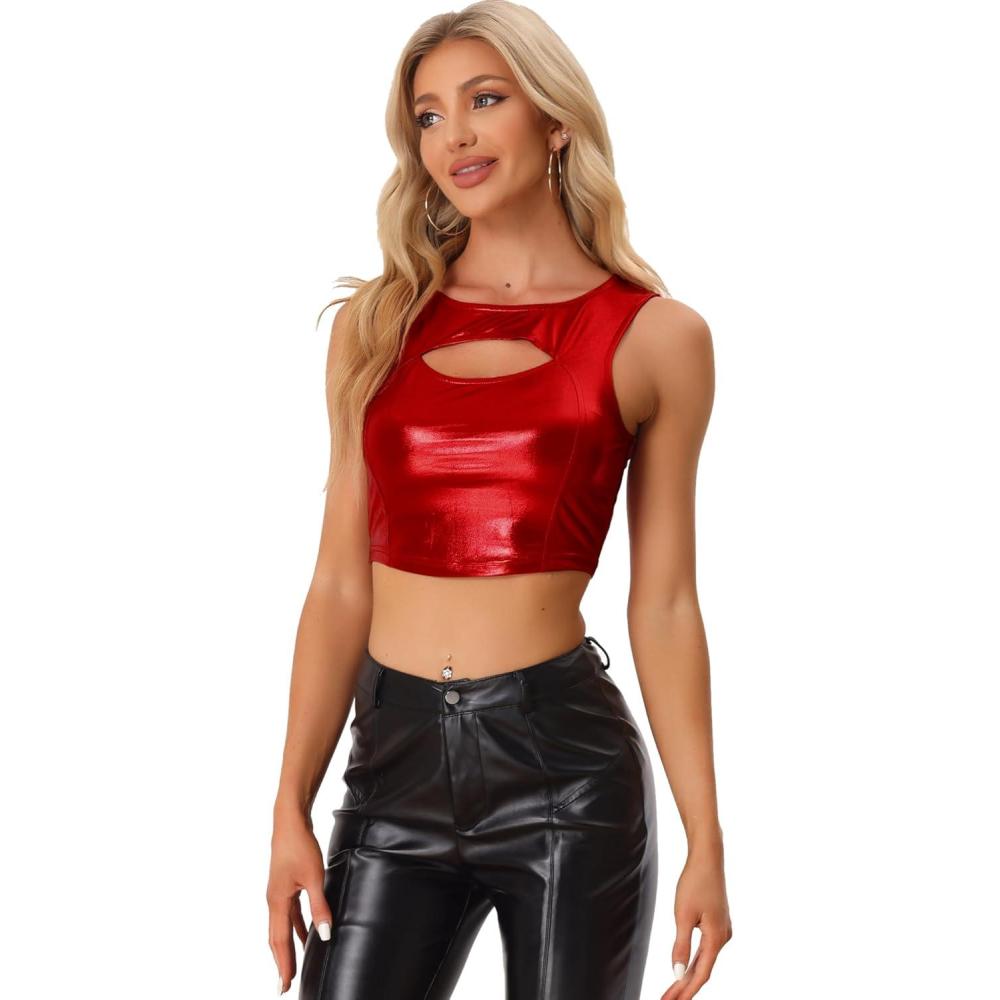 imageAllegra K Metallic Crop Top for Womens Sleeveless Cut Out Party Clubwear Holographic Tank TopsRed