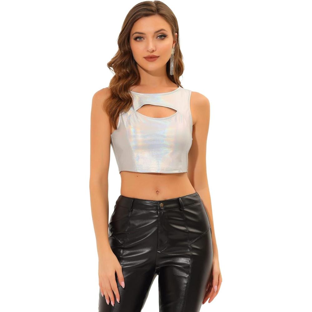 imageAllegra K Metallic Crop Top for Womens Sleeveless Cut Out Party Clubwear Holographic Tank TopsSilver