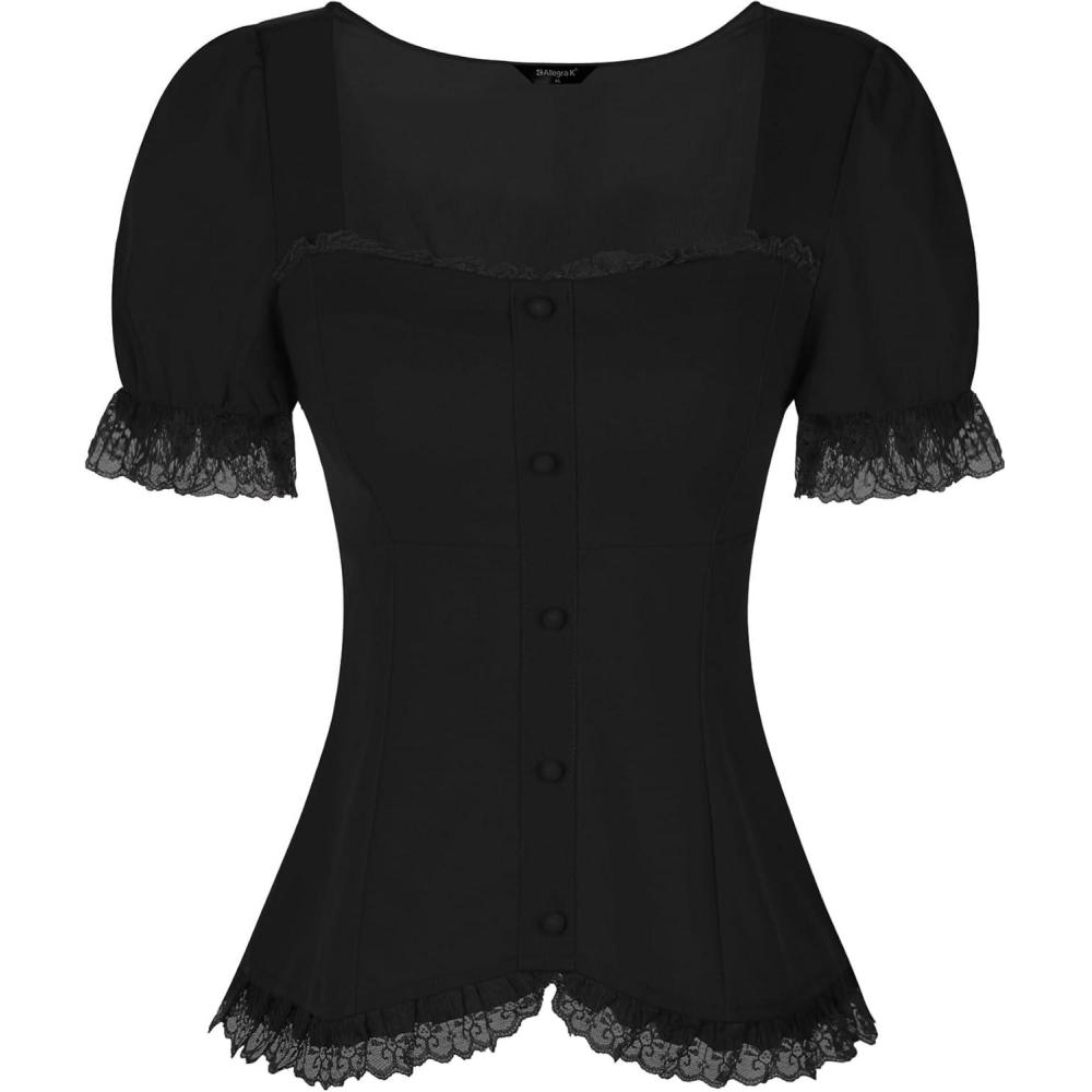 imageAllegra K Victorian Shirt for Womens Sweetheart Neck Puff Sleeve Halloween Lace Up Gothic BlouseBlack