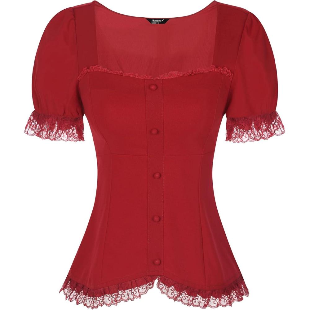 imageAllegra K Victorian Shirt for Womens Sweetheart Neck Puff Sleeve Halloween Lace Up Gothic BlouseBurgundy