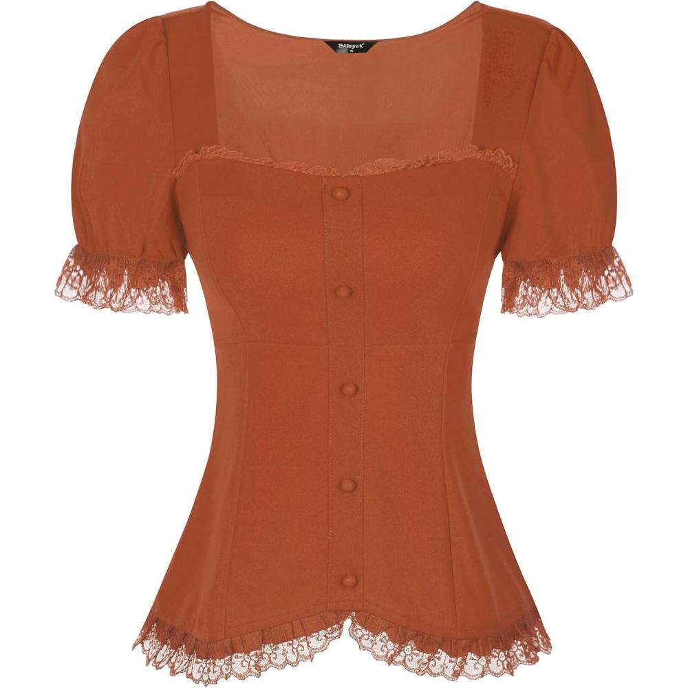 imageAllegra K Victorian Shirt for Womens Sweetheart Neck Puff Sleeve Halloween Lace Up Gothic BlouseCaramel