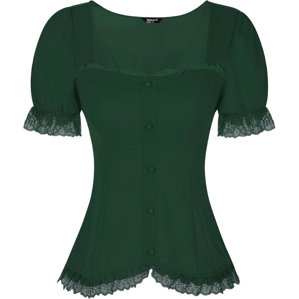 imageAllegra K Victorian Shirt for Womens Sweetheart Neck Puff Sleeve Halloween Lace Up Gothic BlouseDark Green