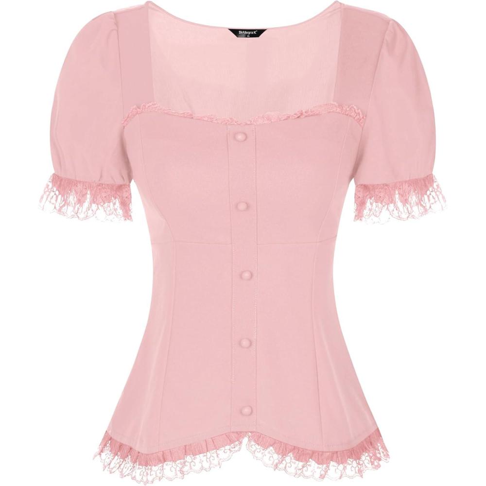 imageAllegra K Victorian Shirt for Womens Sweetheart Neck Puff Sleeve Halloween Lace Up Gothic BlouseGrey Pink