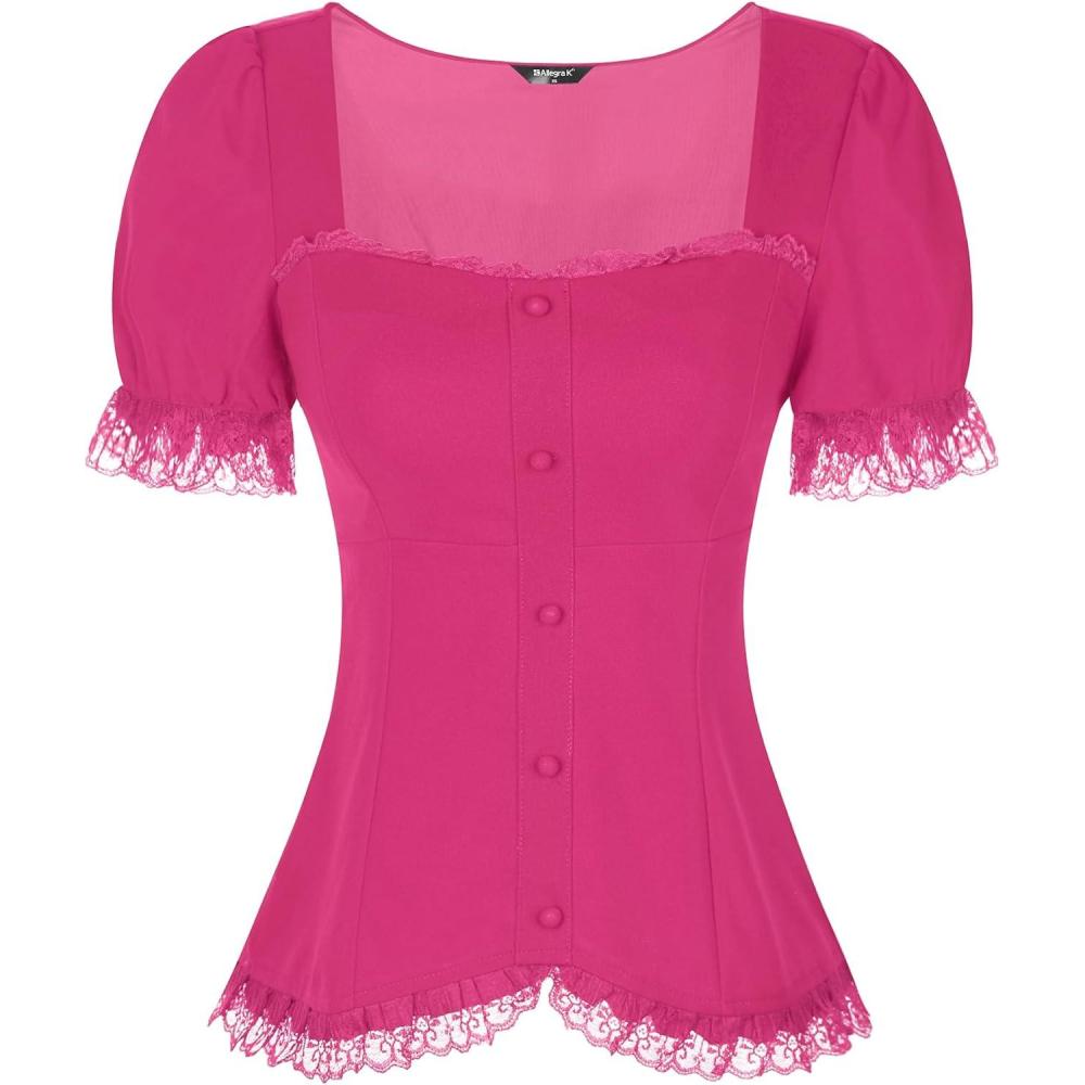 imageAllegra K Victorian Shirt for Womens Sweetheart Neck Puff Sleeve Halloween Lace Up Gothic BlouseHot Pink