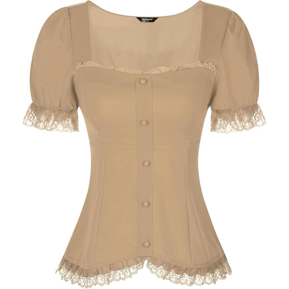 imageAllegra K Victorian Shirt for Womens Sweetheart Neck Puff Sleeve Halloween Lace Up Gothic BlouseKhaki