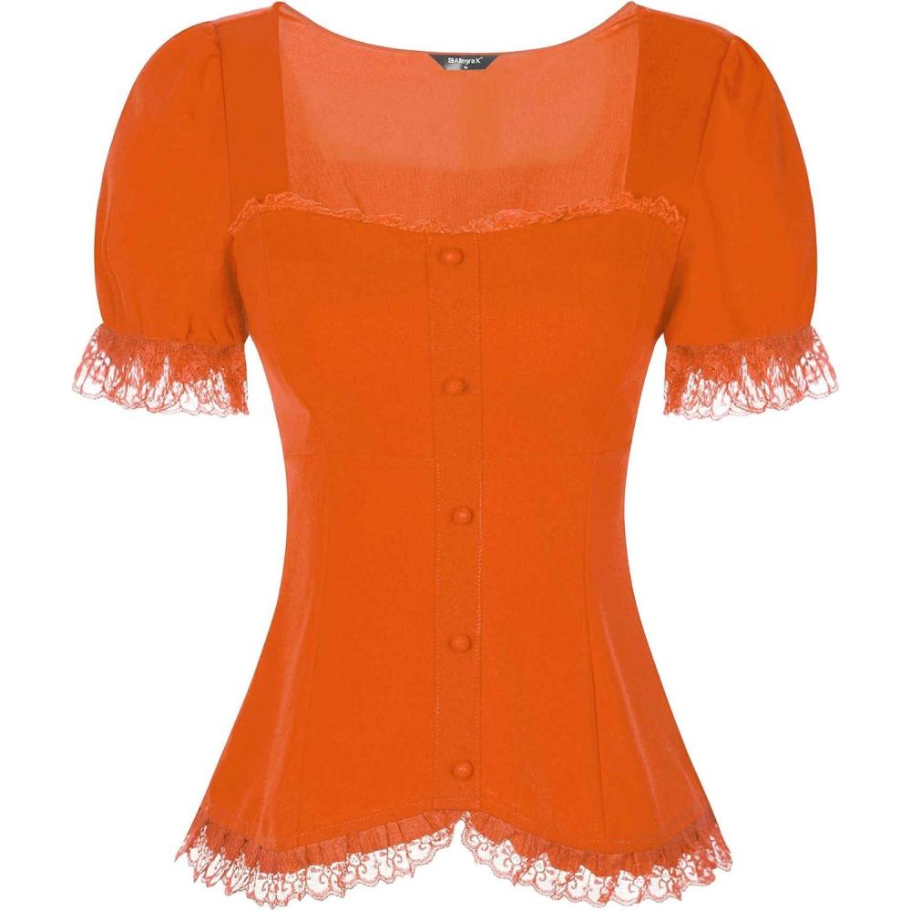 imageAllegra K Victorian Shirt for Womens Sweetheart Neck Puff Sleeve Halloween Lace Up Gothic BlouseOrange