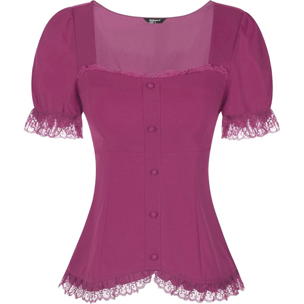 imageAllegra K Victorian Shirt for Womens Sweetheart Neck Puff Sleeve Halloween Lace Up Gothic BlousePurple